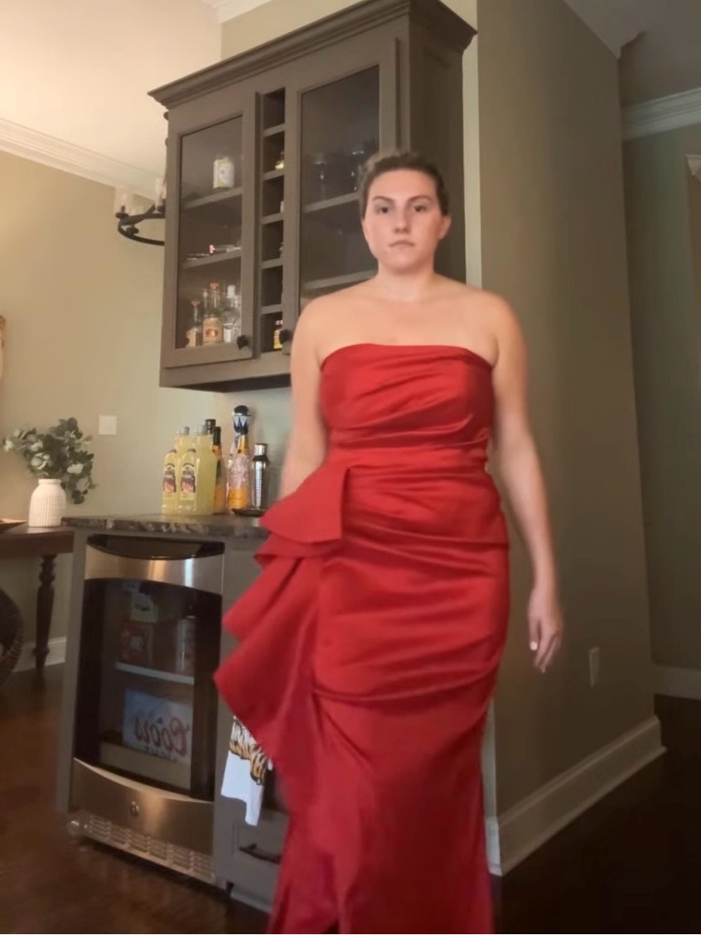 Betsy & Adam Strapless Red Satin Evening Gown